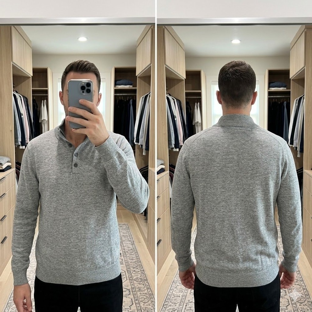Express‎ Mens L Sweater Grey Merino Blend Mock Neck Button Henley Long Sleeve